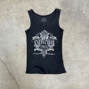 By The Sea Cancun Mexico Graphic Tank Top Ribbed Rhinestone Y2K Black Small